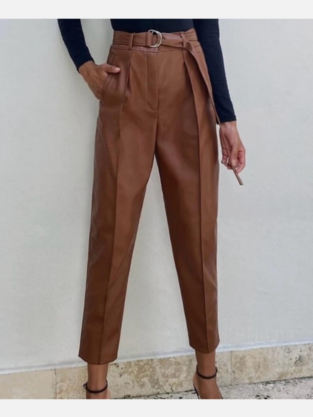 Babaton High-Rise Brown Faux Leather Paperbag Ankle Pants with Belt